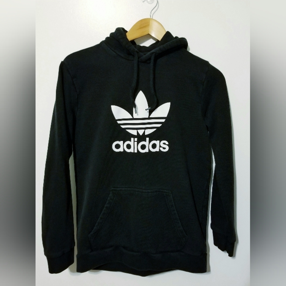Adidas Men's Black White Logo Pullover Hoodie Graphic Trefoil Size M Streetwear